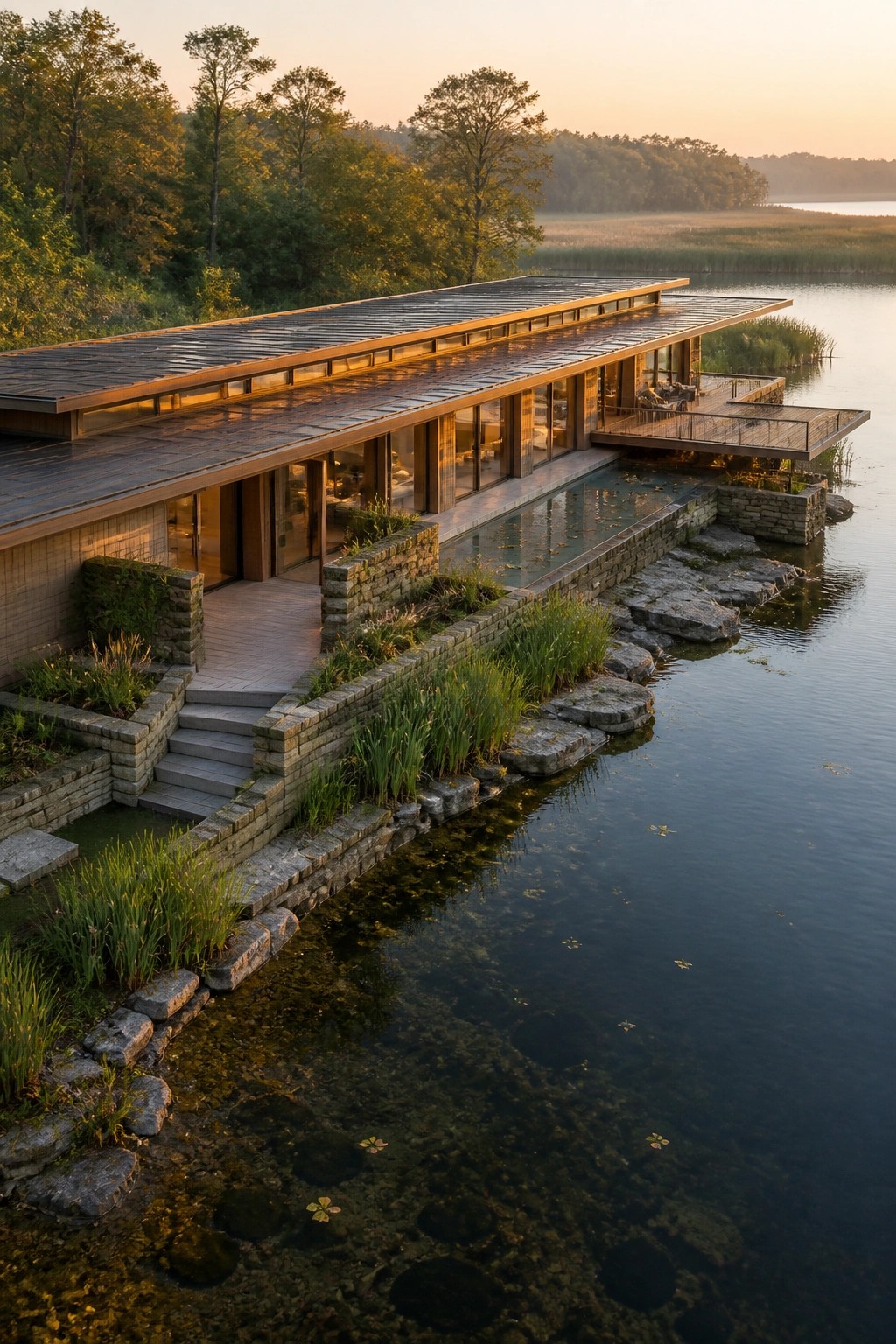 A low modern house with a long flat roof extending over water, glass walls along the side, and stone walls blending into the shoreline.