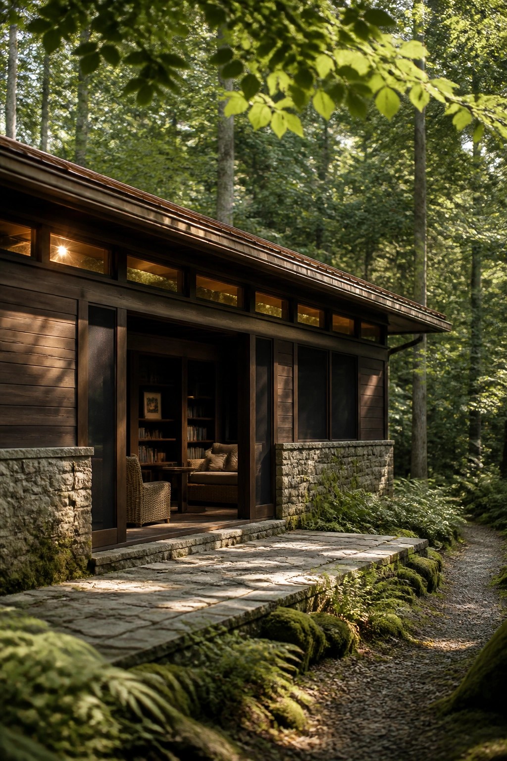 A low wooden house with a stone foundation sits in a dense forest, with a stone pathway leading to an open doorway.