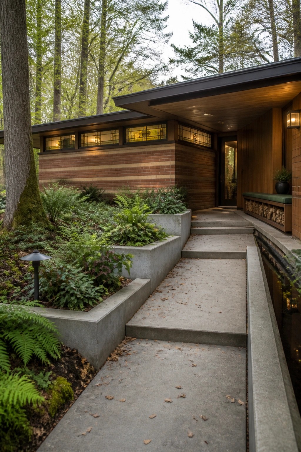 A mid-century modern home exterior with brick and horizontal wood siding, concrete steps and raised planters with ferns along a path leading to the front door, set in a wooded landscape.