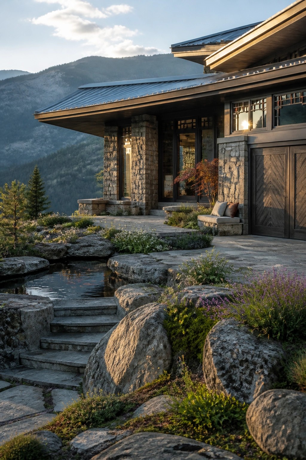 A modern house exterior with large stone piers, a metal roof, wooden doors, and a foreground pond surrounded by rocks and plants.