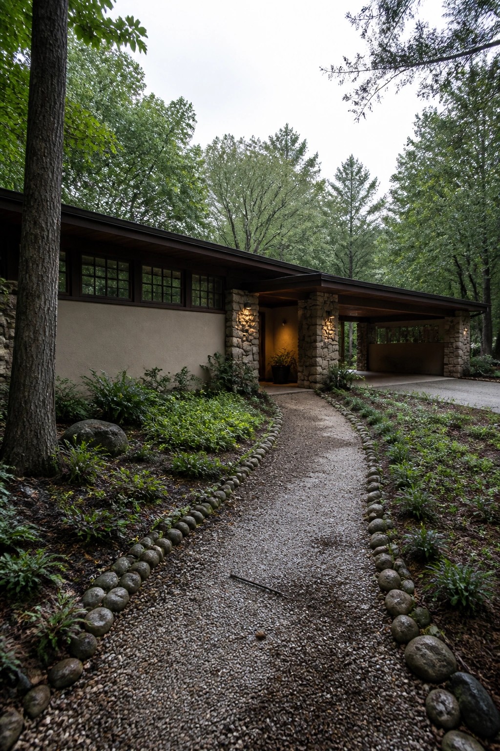 A low modern house with stone piers supporting the roof overhang and a gravel walkway lined with round stones leading to the entrance through trees and shrubs.