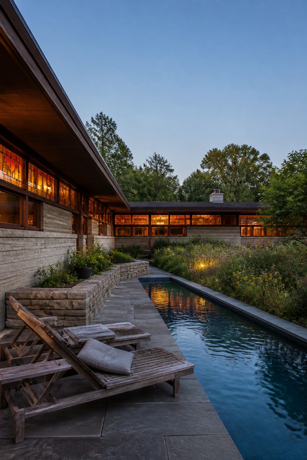 A long pool runs parallel to a low stone and wood house with two wooden lounge chairs on the stone patio and dense garden plantings on the far side at dusk.