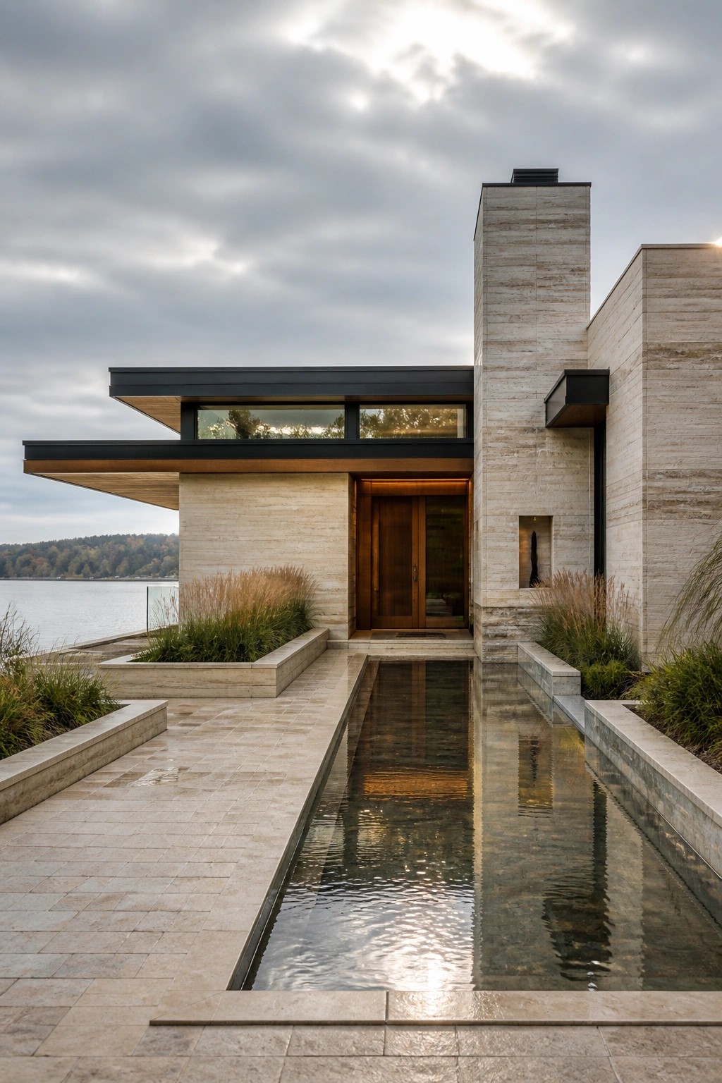 Modern stone house with wooden doors, reflecting pool, and lakefront view under clouds.