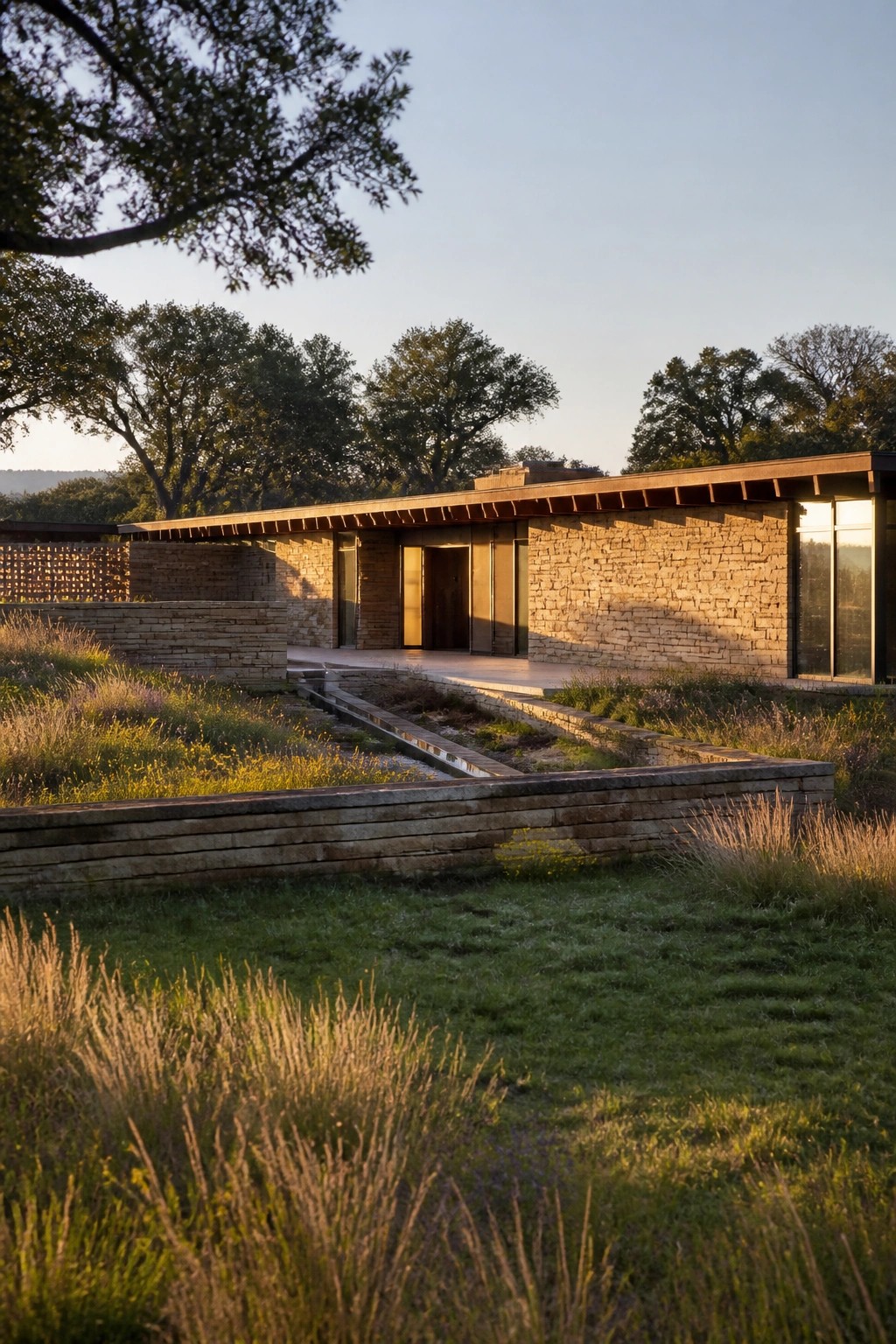 A low stone house with a flat roof sits in a grassy field surrounded by trees, with wildflowers in the foreground.