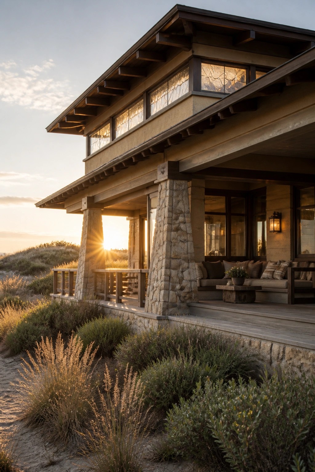 Modern beach house with stone pillars and wooden deck at sunset overlooking dunes.