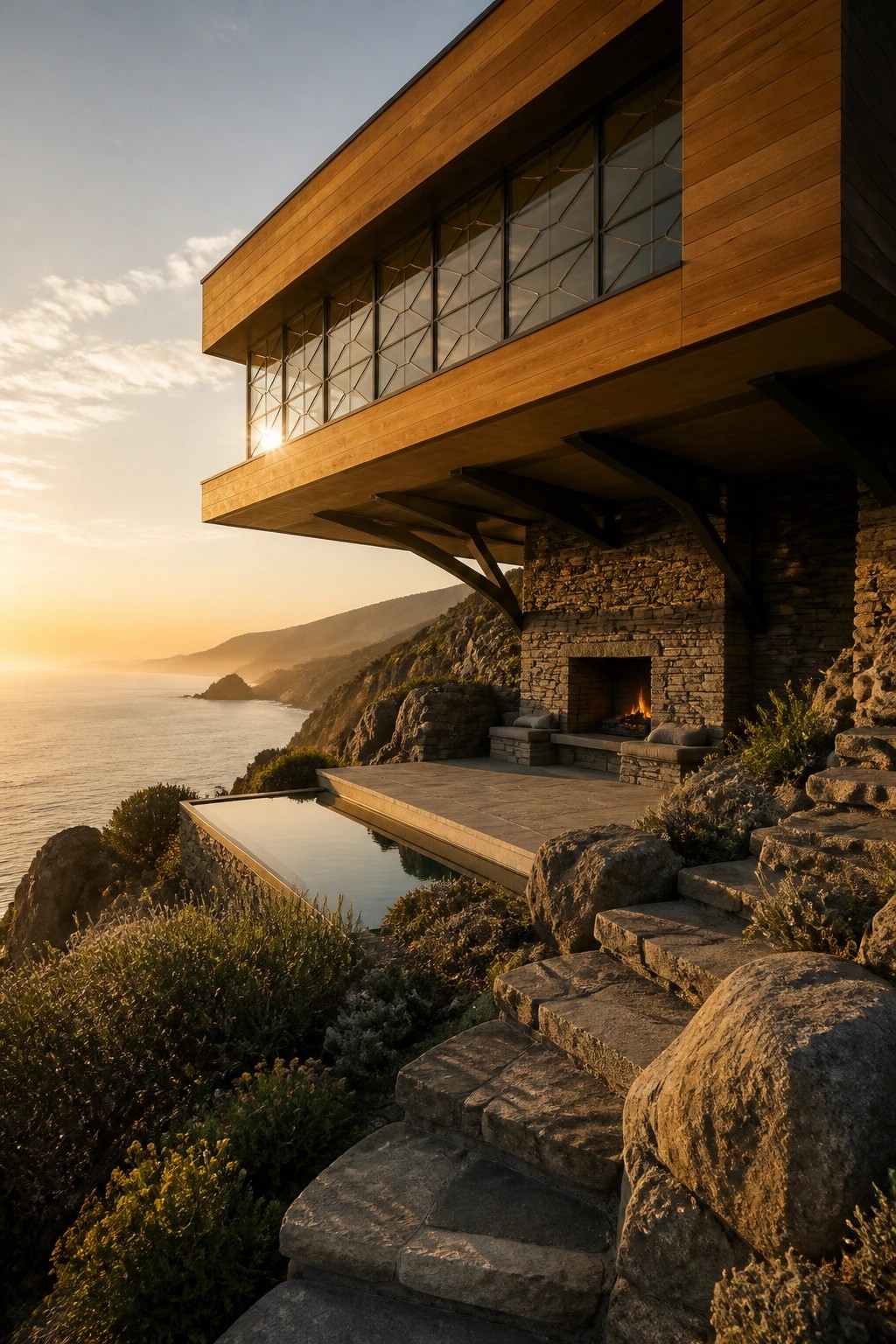 A modern cantilevered home with wood siding, large windows, and a stone fireplace and chimney sits above an infinity pool on a rocky ocean cliff at sunset.
