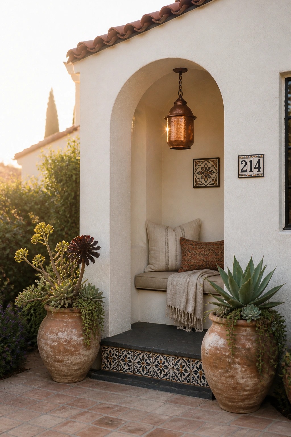 A white stucco exterior wall featuring a recessed arched alcove with a built-in bench, cushions, and a hanging lantern, flanked by two large terracotta pots with succulents.