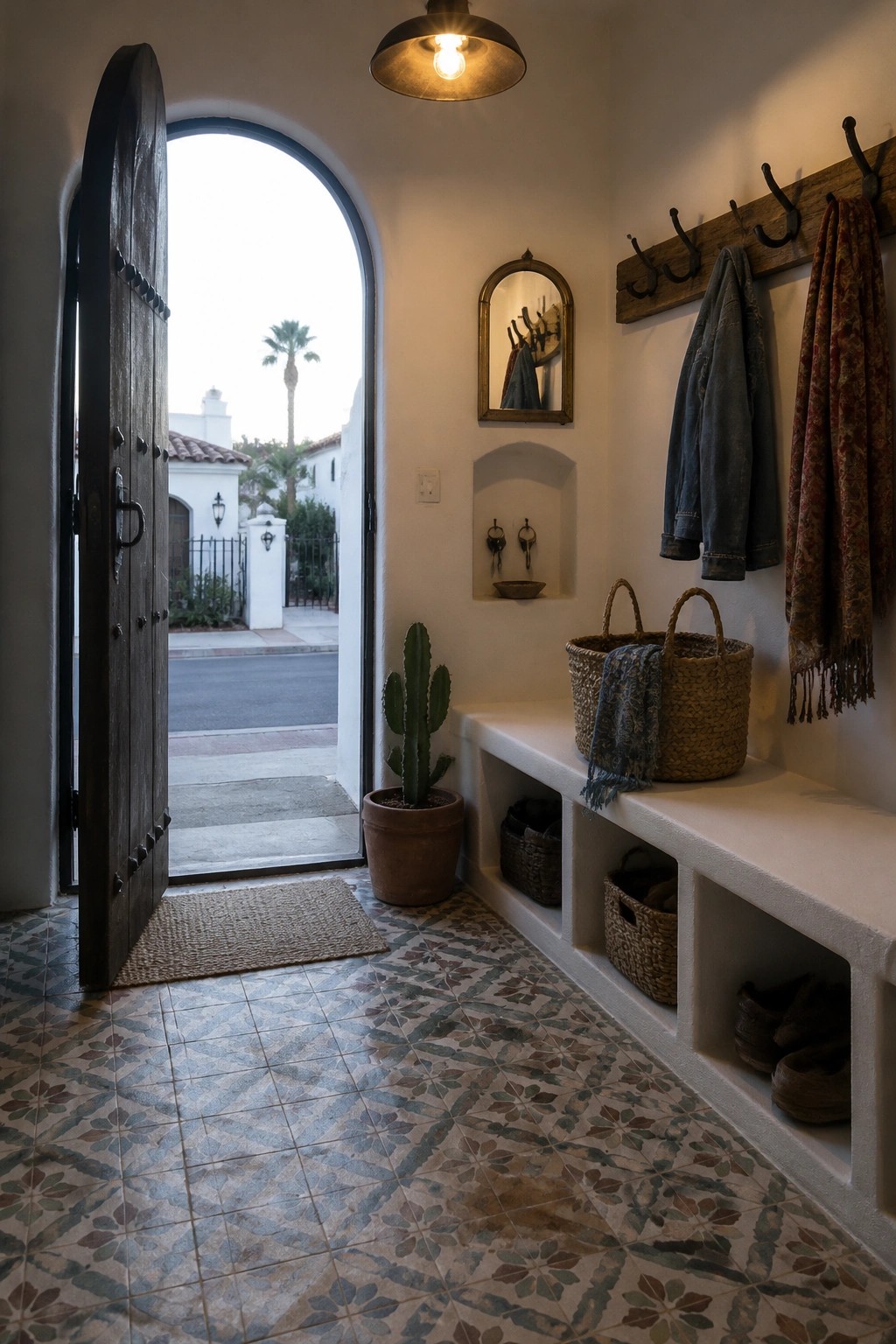 An interior entryway with patterned tile flooring, a built-in bench with storage cubbies, wall hooks, and an open arched wooden door leading outside to a street view.