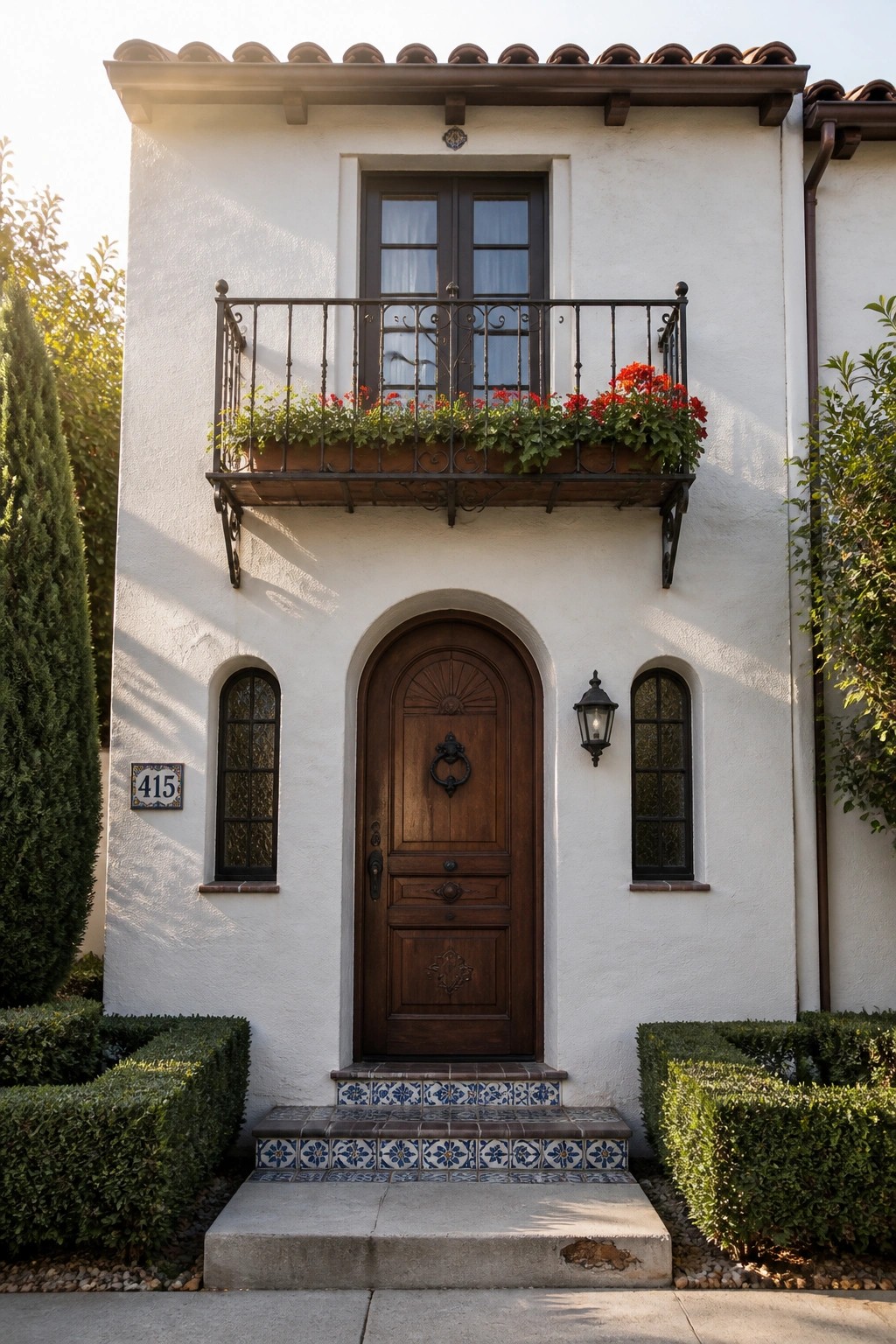 A white stucco house with a prominent arched wooden front door, small arched windows on either side, a balcony with red flowers above, and tiled steps leading to the entrance.
