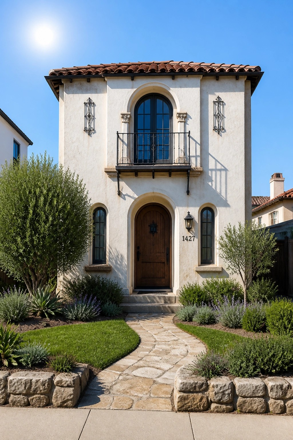 A small two-story stucco house with a wooden door set inside a large arched opening, a small balcony above the door, and a stone pathway leading to the front steps.