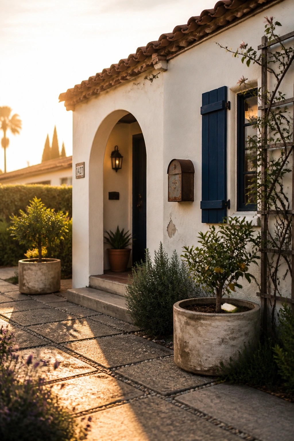 A white stucco house exterior with a red tile roof features a prominent arched doorway, blue shutters on a nearby window, a rusted mailbox, and potted plants along a stone walkway.