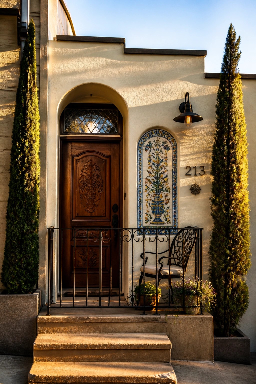 A wooden front door beneath a curved arch on a light stucco exterior, with a colorful tile panel to the right and steps leading up from the street.
