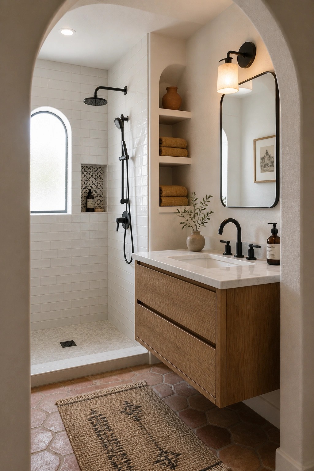 A bathroom interior viewed through a large arched doorway, featuring a floating wood vanity, black fixtures, white tiled shower, built-in arched niches, and terracotta floor tiles.