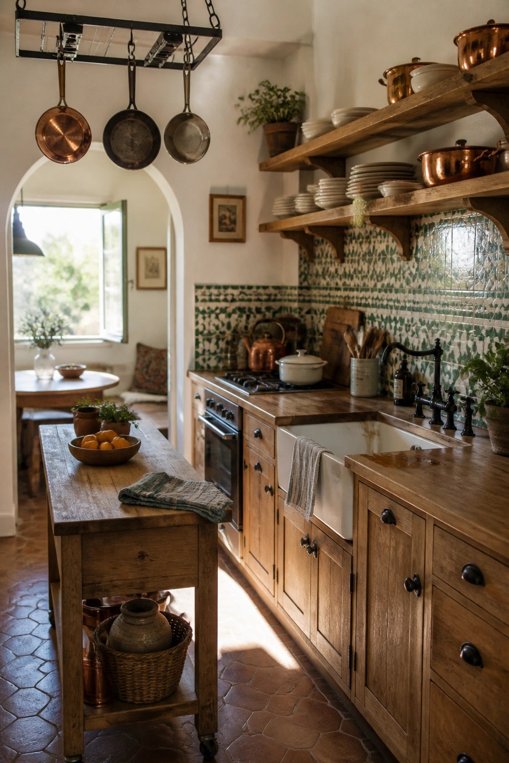 A rustic kitchen interior with wooden cabinets, a white farmhouse sink, green patterned tile, and an arched doorway leading to a sunlit room beyond.