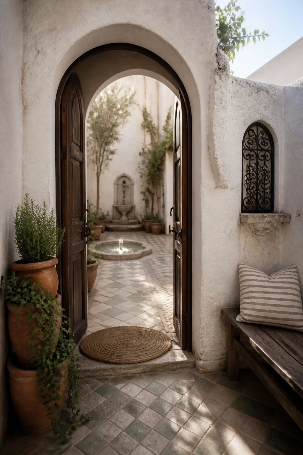 A view through an open arched wooden doorway into a tiled courtyard with a central fountain, potted plants along the walls, and a wooden bench with a striped cushion on the right.