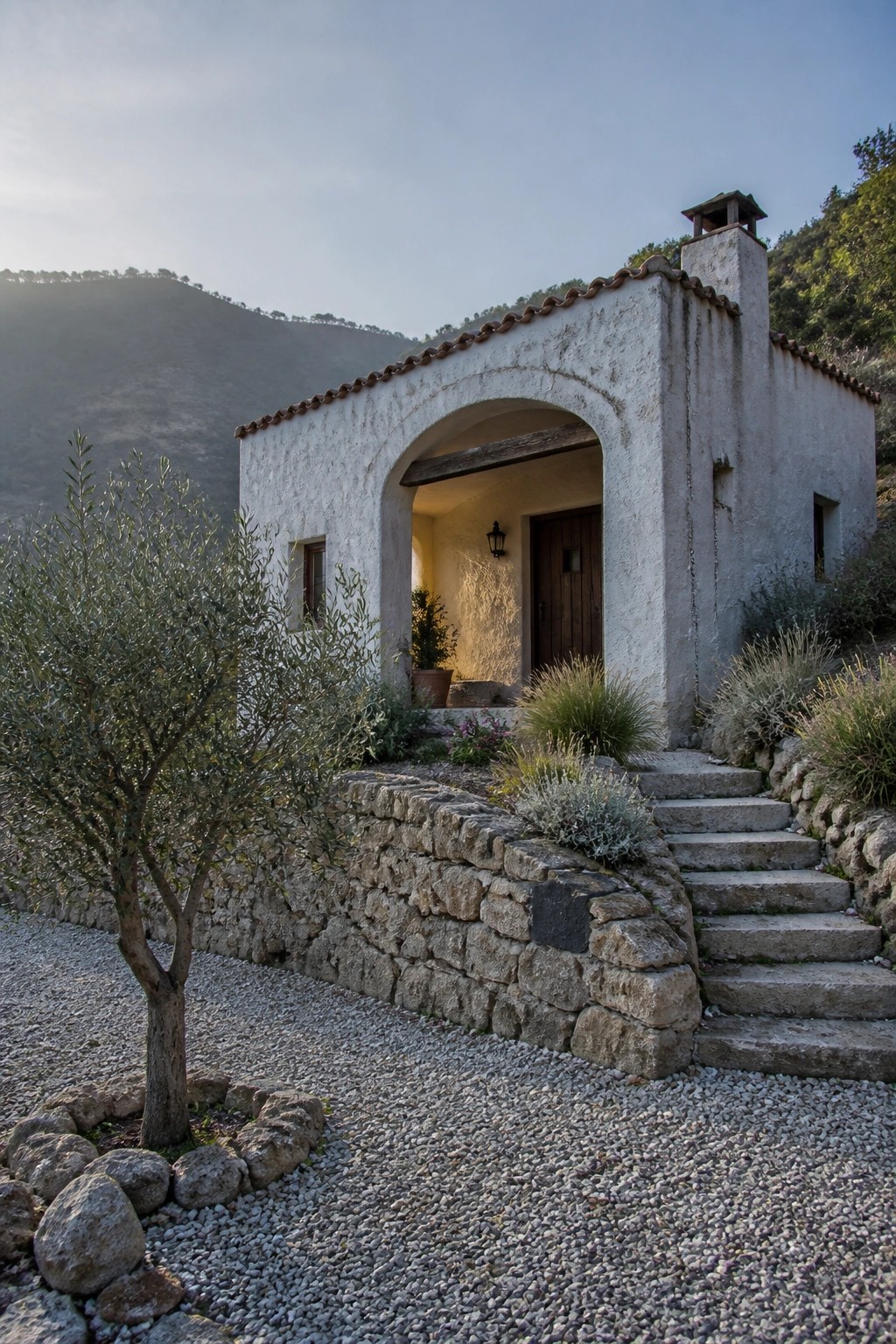 A small white stucco house with a large arched entryway, wooden door, stone steps, and gravel path in a hilly setting.