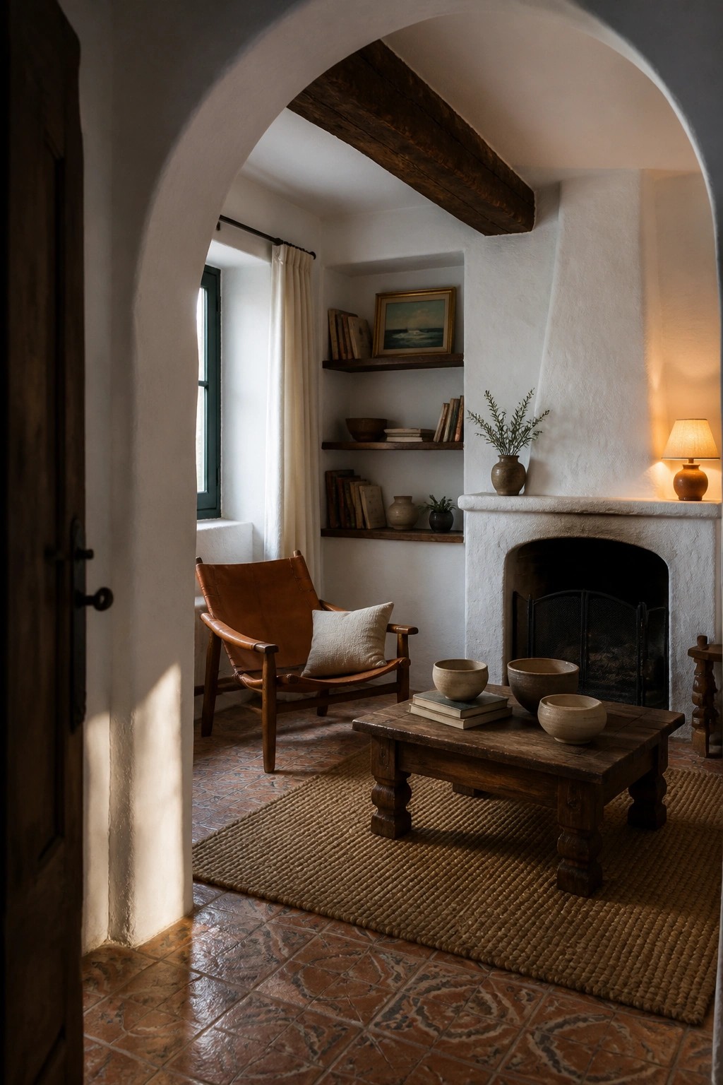 A view through a thick white arched doorway into a small room with a white plaster fireplace, terracotta tile floor, wooden coffee table on a jute rug, and a brown leather chair.