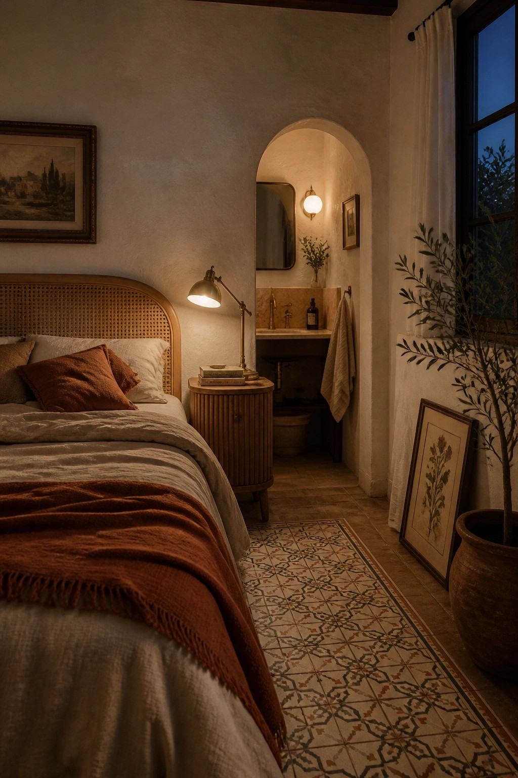 A bedroom with a rattan headboard and terracotta bedding, seen from the side with an arched opening that leads into a small bathroom with a sink and mirror.