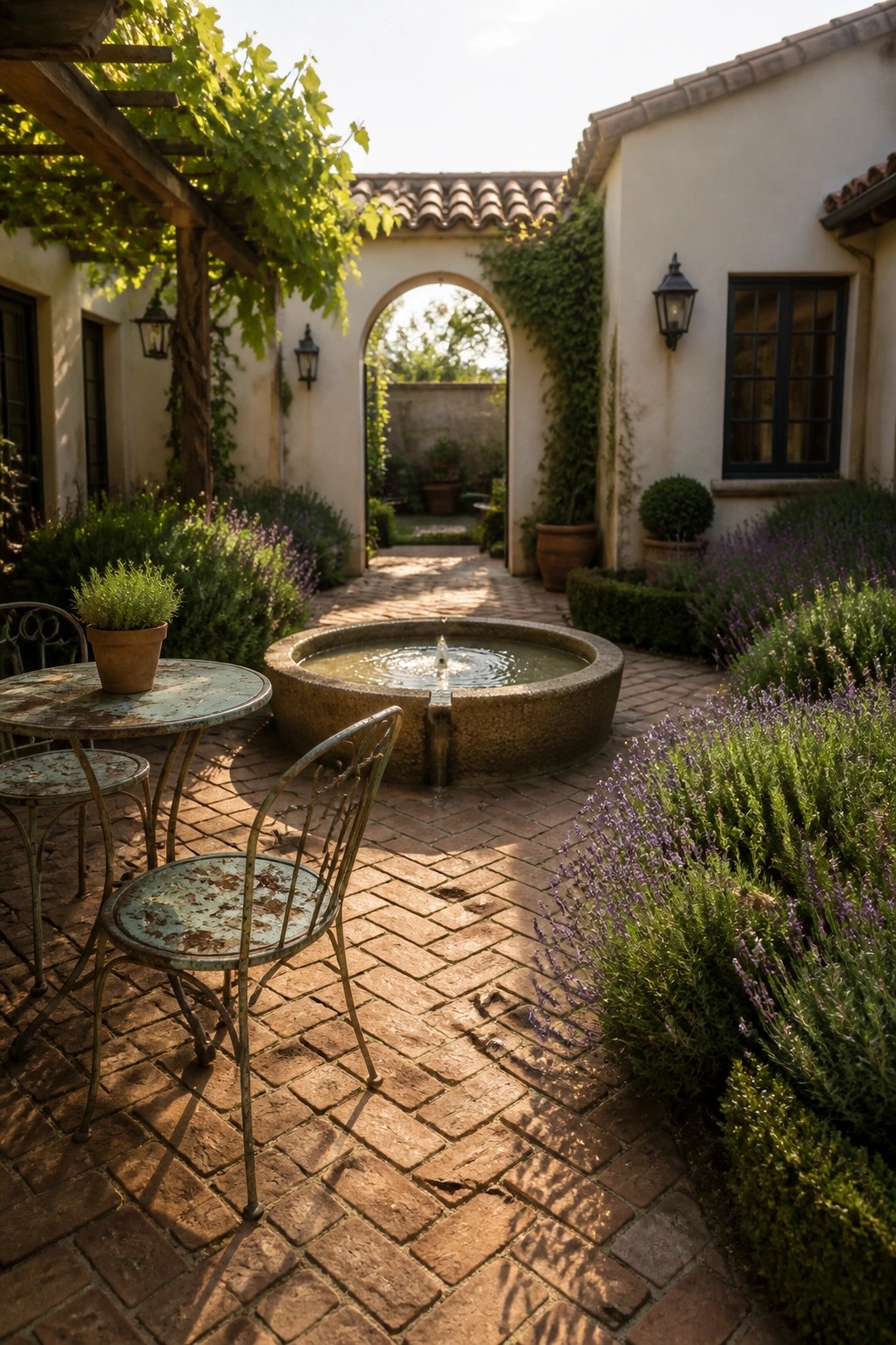 A small brick courtyard with a round stone fountain, weathered metal table and chairs, lavender plantings, and a large arched opening leading to a garden path.