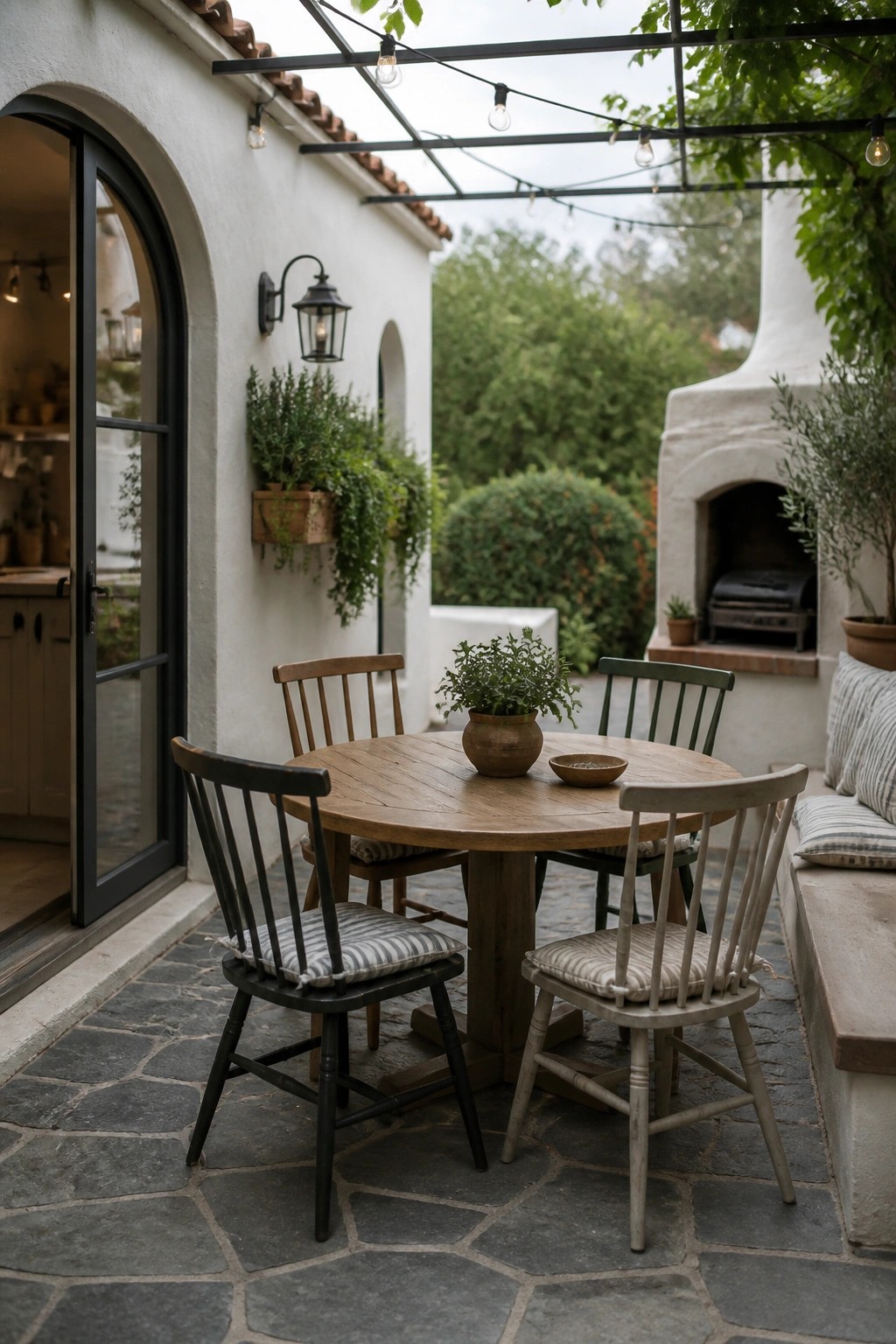 An outdoor patio with a round wooden dining table and four mismatched wooden chairs on stone pavers, next to a white stucco wall with an arched doorway and a built-in fireplace.