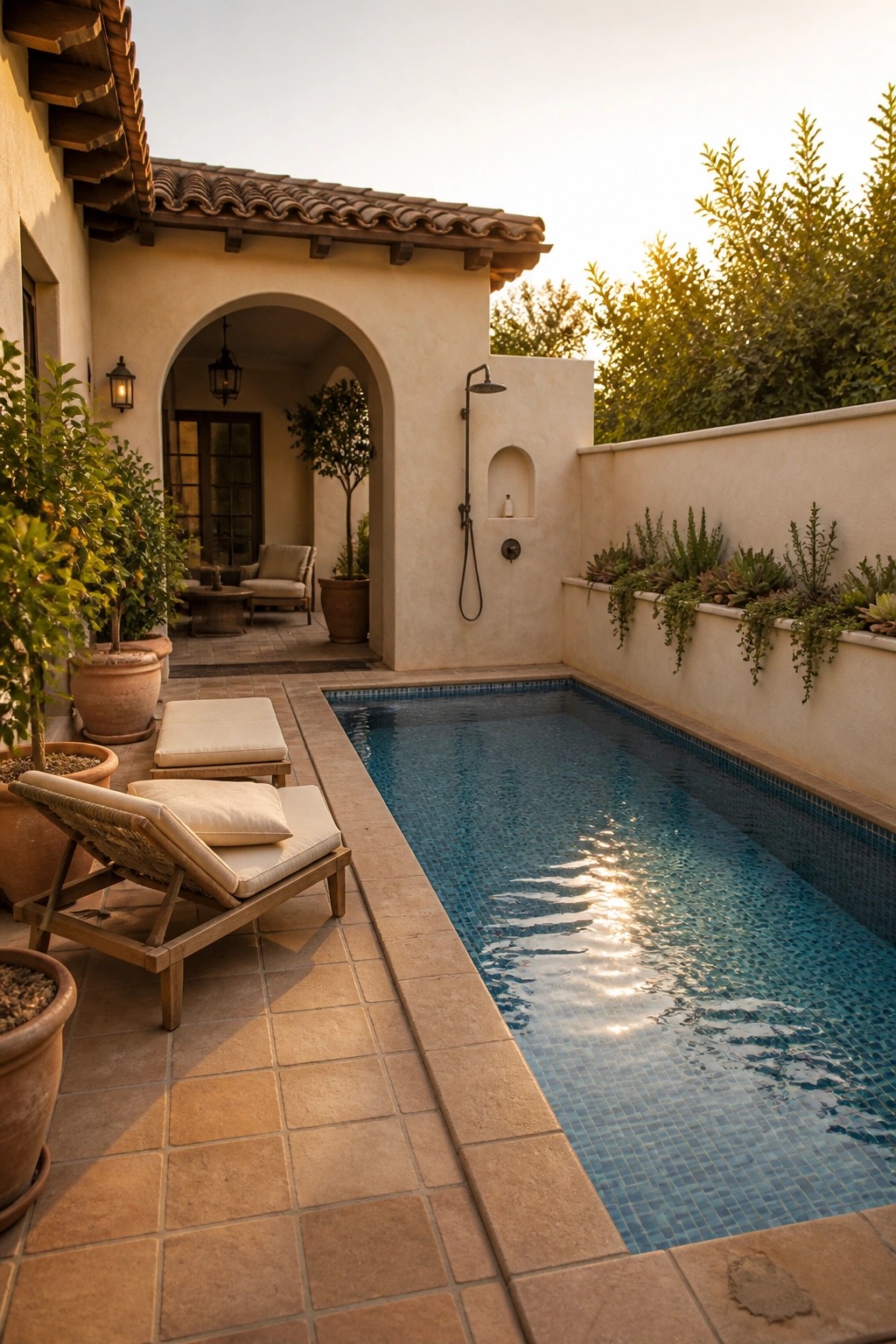 A narrow blue-tiled pool beside a stone patio with two wooden lounge chairs, large potted plants, and an arched doorway leading to an outdoor shower area.
