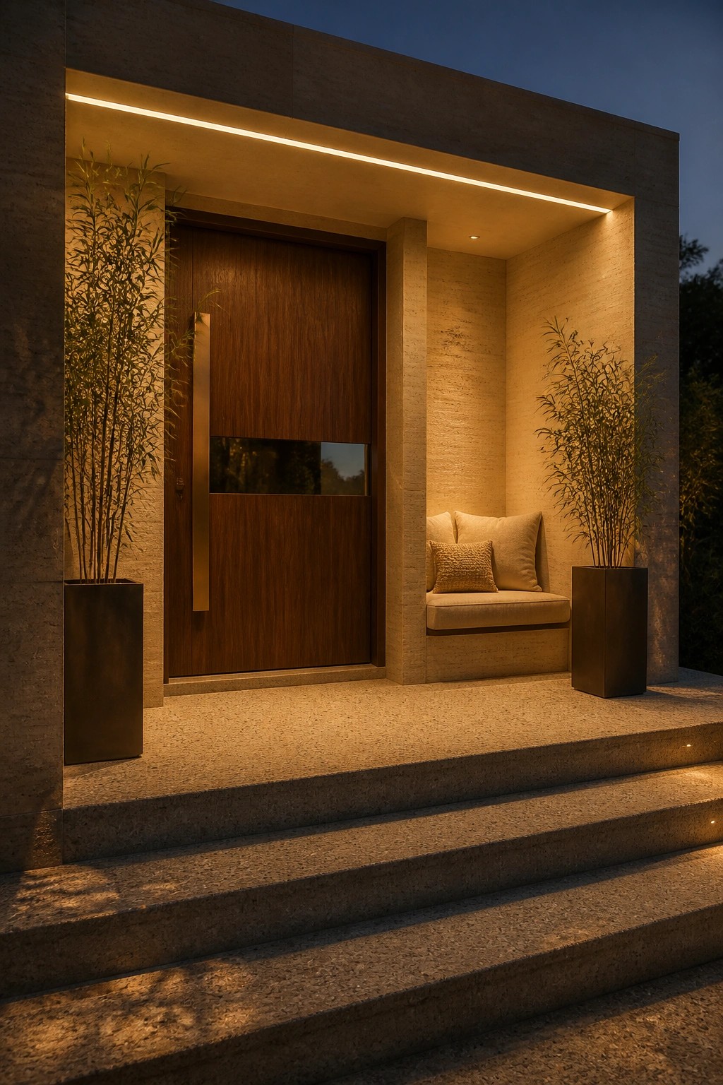 Modern entry with a dark wood door, recessed stone alcove holding a built-in bench with pillows, two tall planters with bamboo, and concrete steps lit from above.