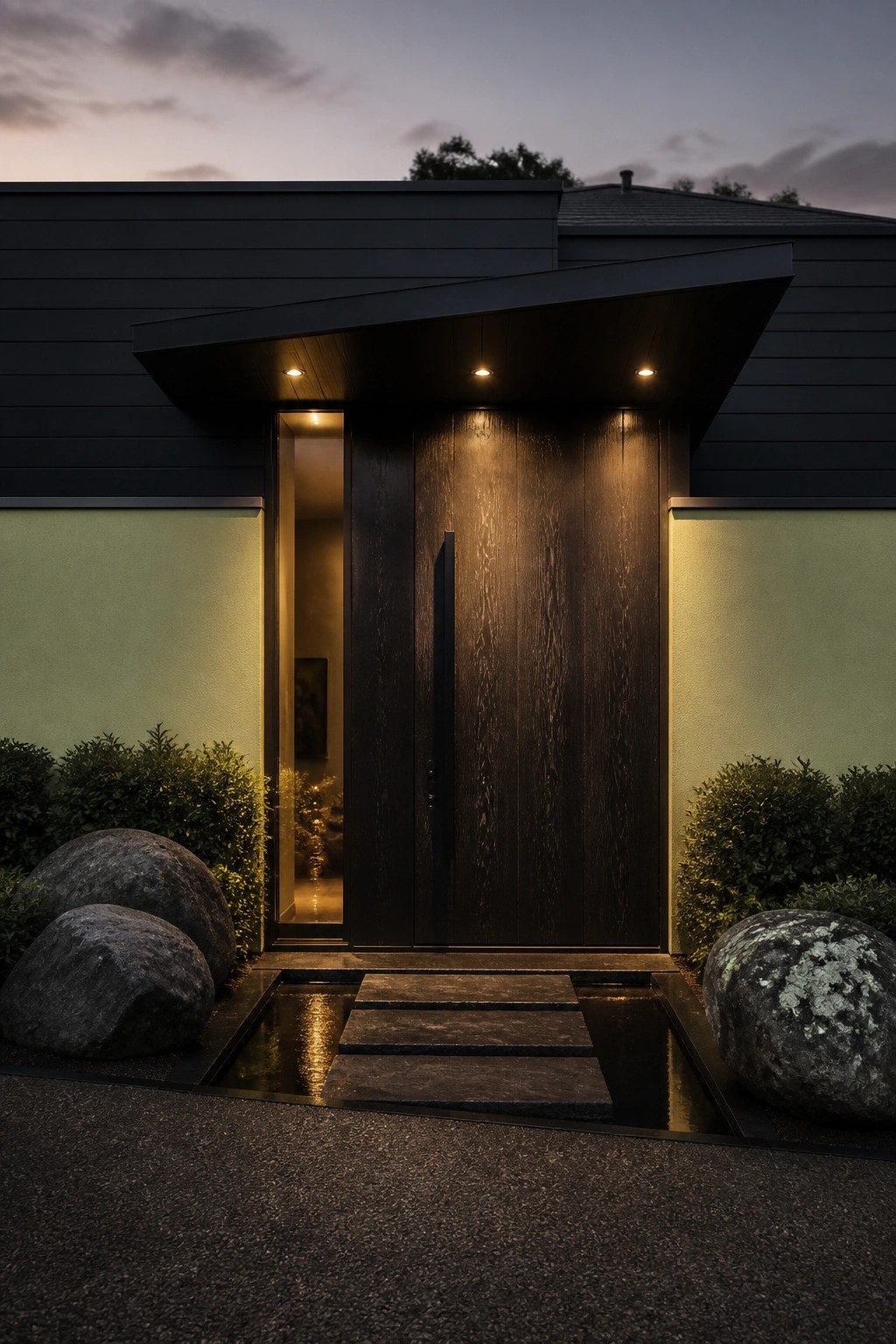 A modern dark wood front door sits under a wide cantilevered black overhang with recessed lighting, flanked by green stucco walls, large boulders, and stone steps over a shallow water feature.