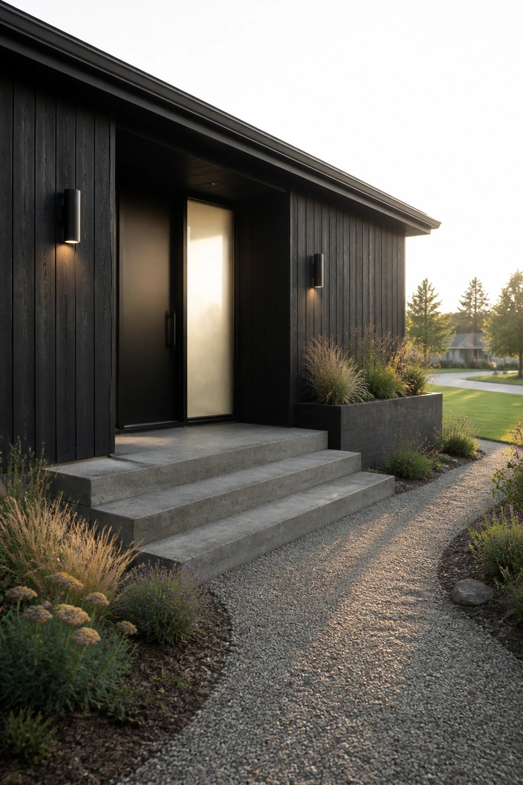 Modern house entry featuring dark vertical siding, a black door, concrete steps, and a gravel path with low plantings on either side.