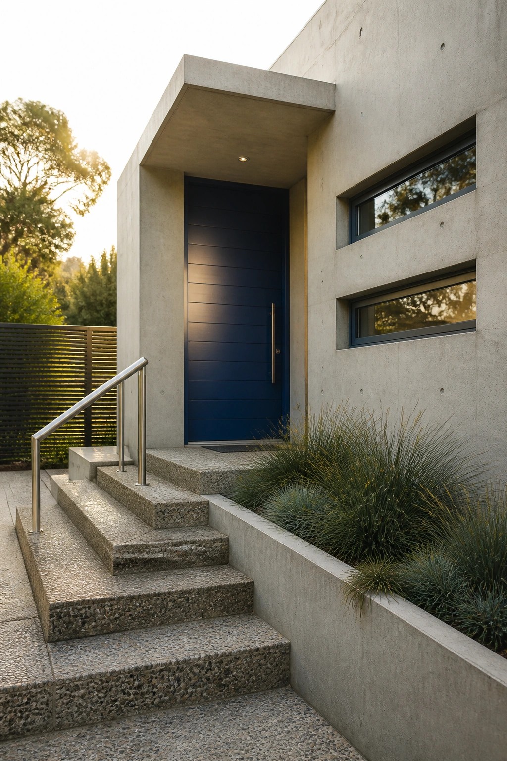 A concrete modern house with a dark blue door, stone steps, metal railing, and a concrete planter with grasses at the entry.