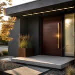 Modern house entrance showing a dark wood door with a tall vertical gold handle, a frosted sidelight, linear lighting above the door, concrete steps, and rust-colored planters with tall grasses.