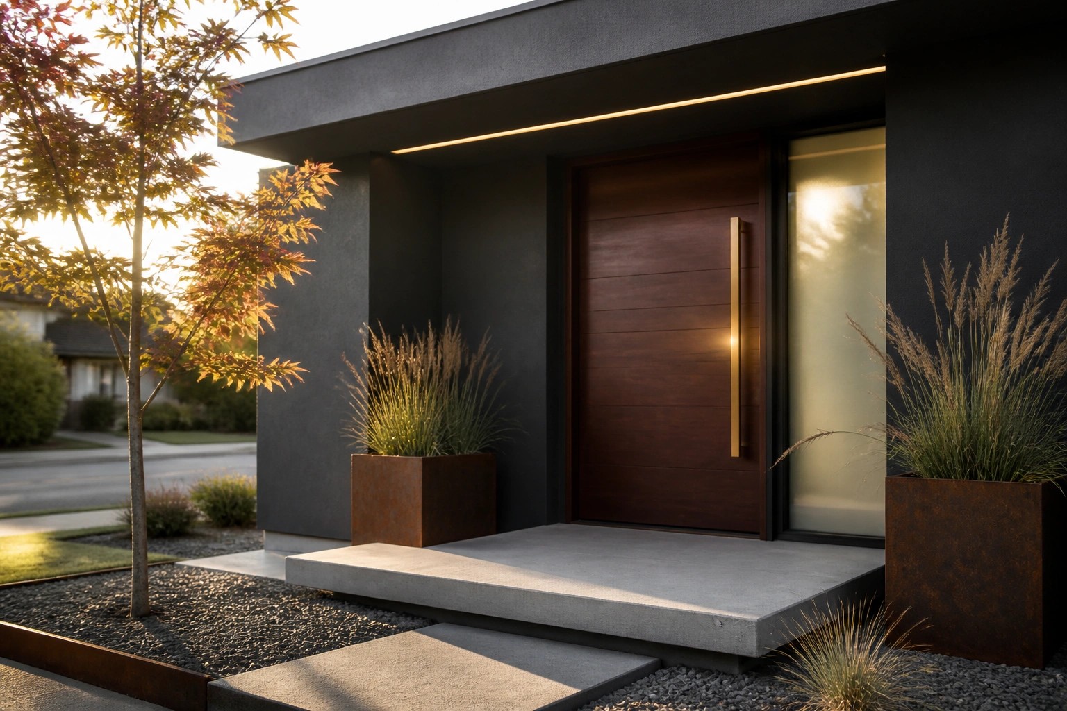 Modern house entrance showing a dark wood door with a tall vertical gold handle, a frosted sidelight, linear lighting above the door, concrete steps, and rust-colored planters with tall grasses.