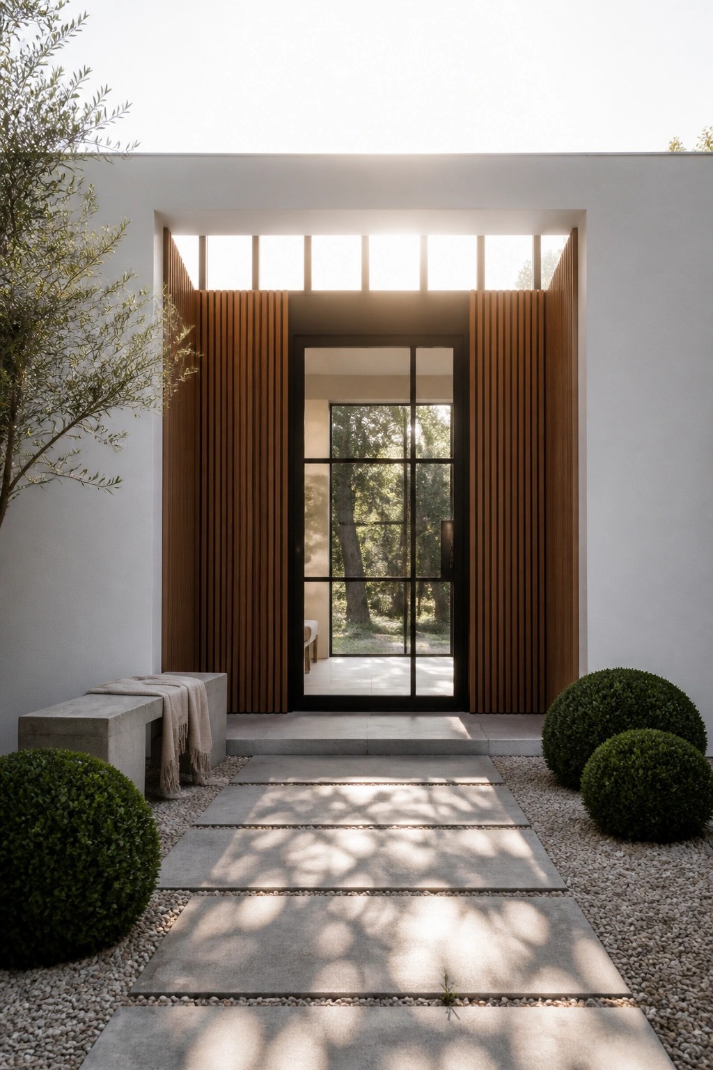 Modern house entry with a black-framed glass door flanked by vertical wood slats, a concrete bench to the left, and a stone pathway through gravel lined with rounded shrubs.