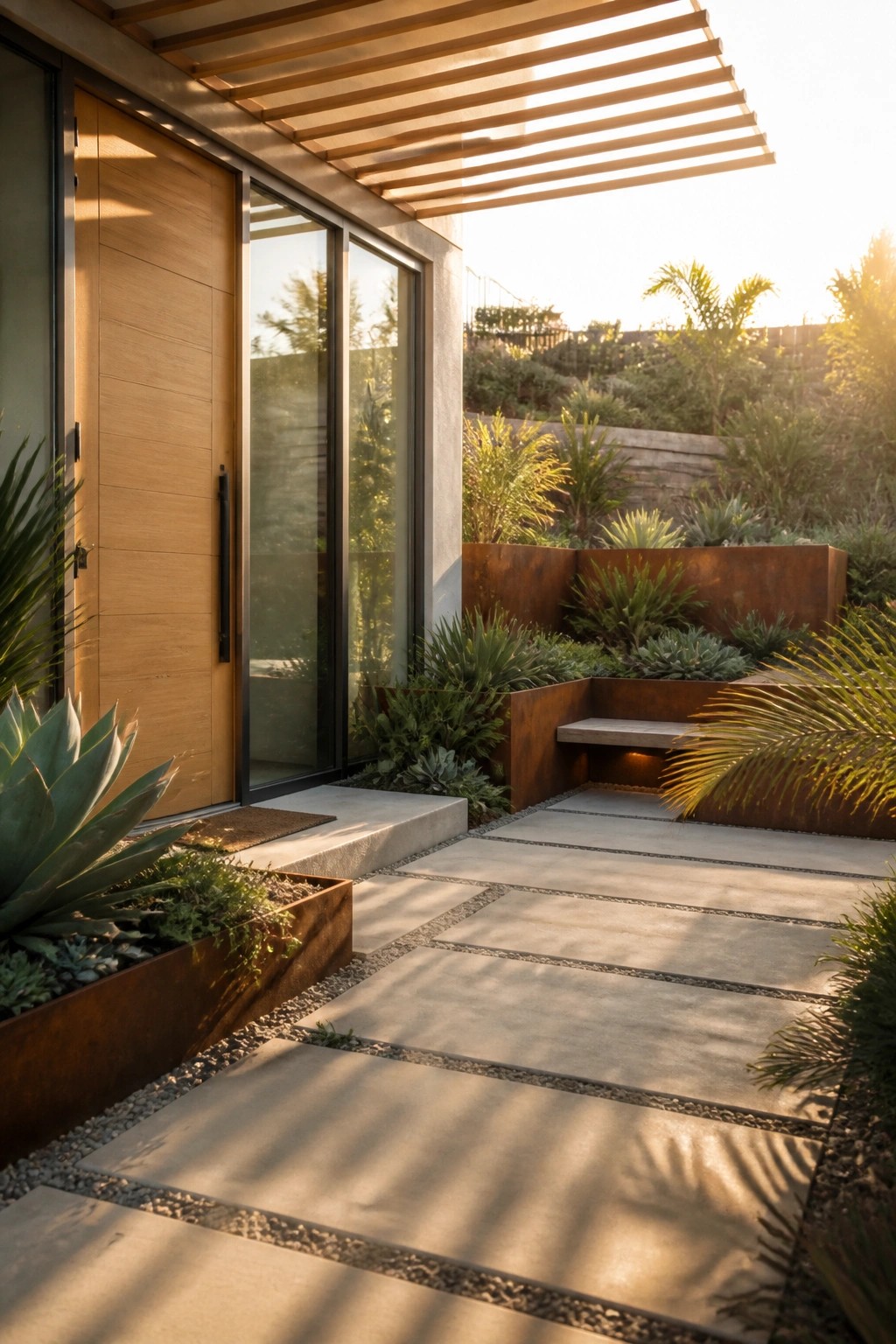 Modern home entry with wooden door, glass panels, concrete paver path with gravel joints, and rusted metal planters holding green plants.
