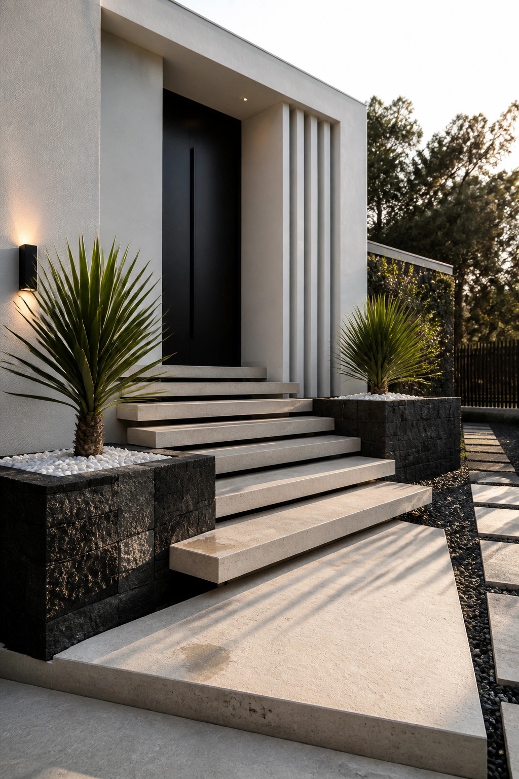Modern house entry featuring a black door, floating light concrete steps, and two spiky plants in dark stone planters.