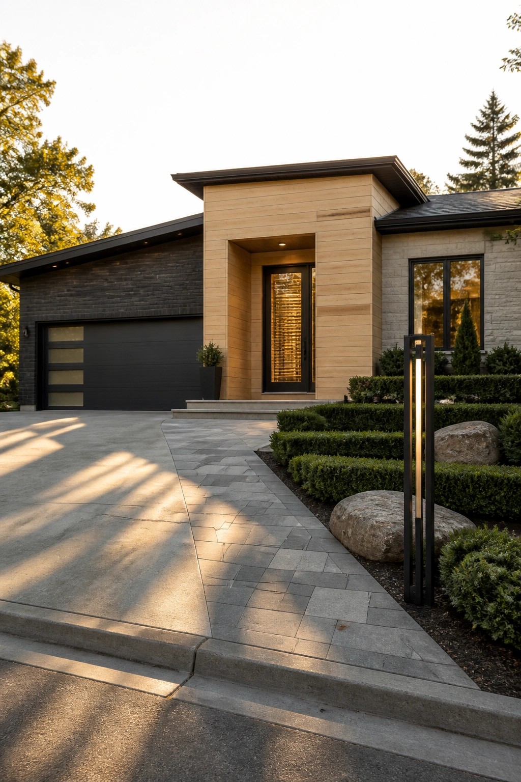 Modern house exterior with light wood paneling framing a tall black front door, dark garage door on the left, and stone paving leading to the entrance.