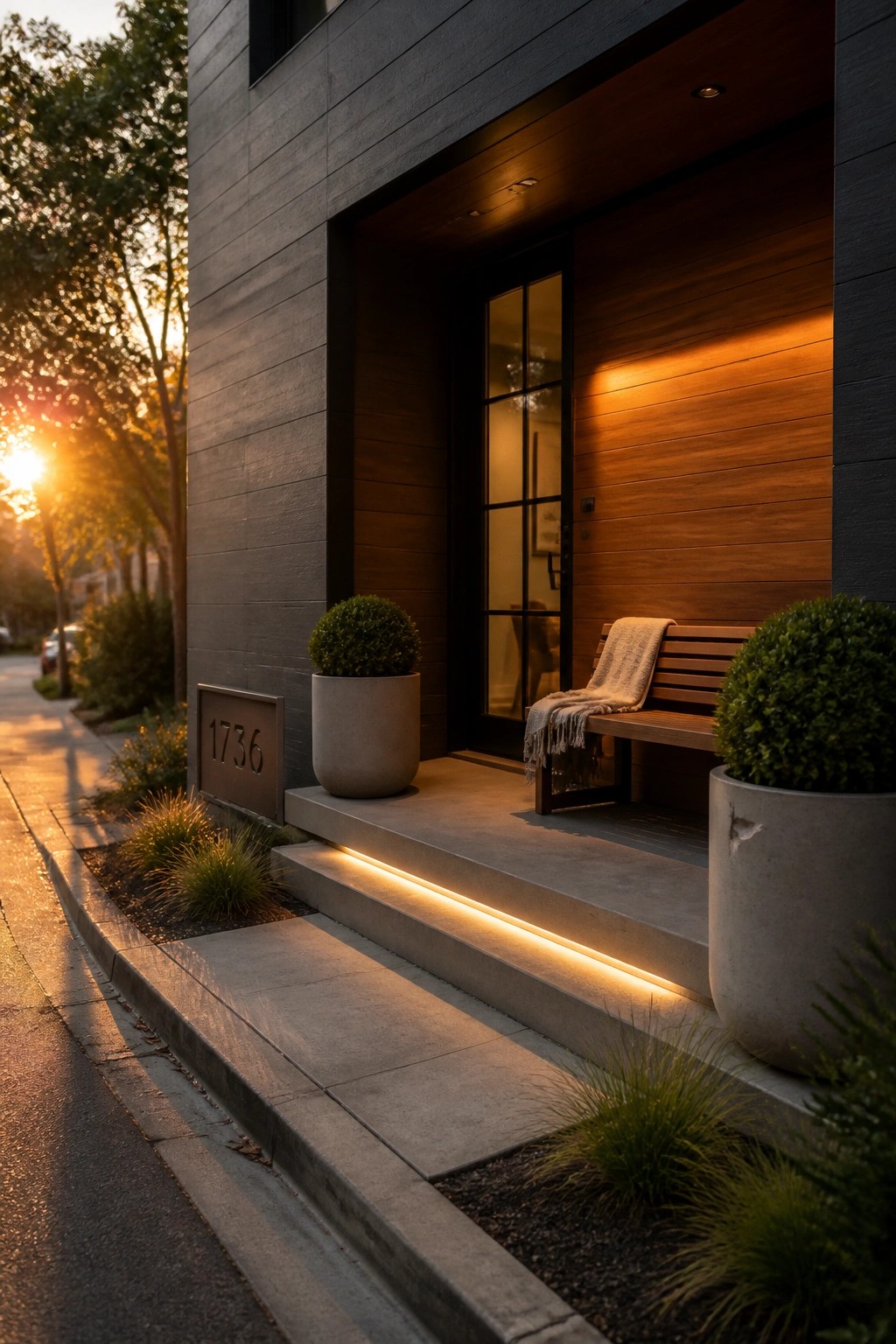 Modern home entry with dark siding, warm wood door surround and bench, concrete steps with strip lighting, and two large planters flanking the doorway.