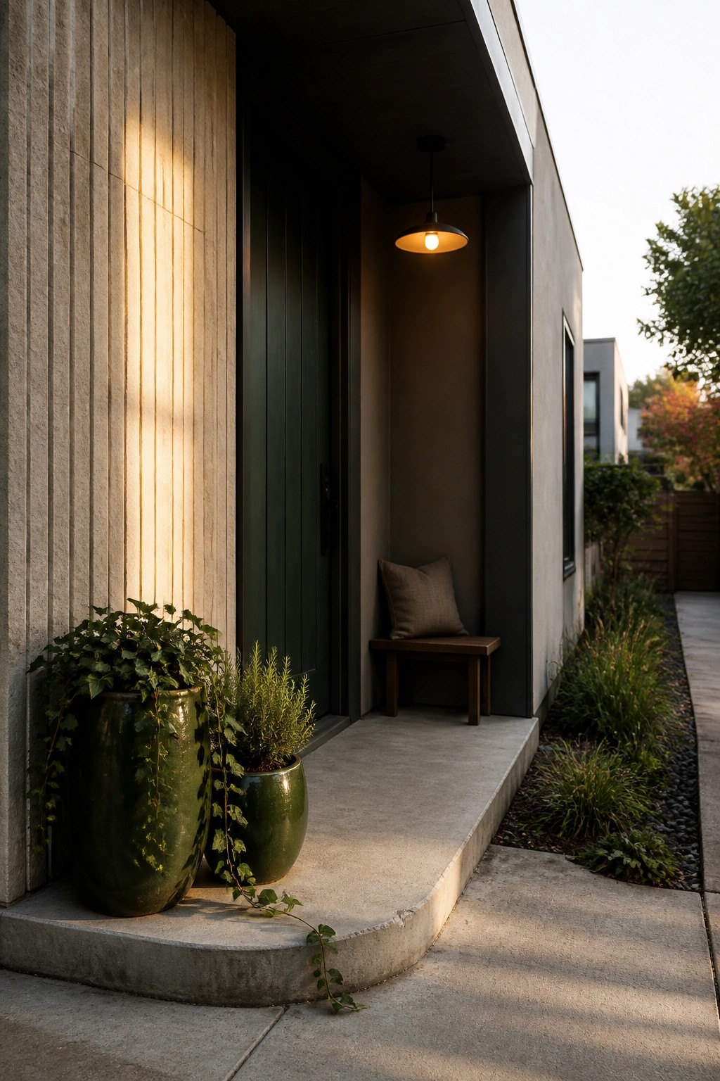 Modern entryway with dark green door, glowing pendant light, wooden bench, and green planters.