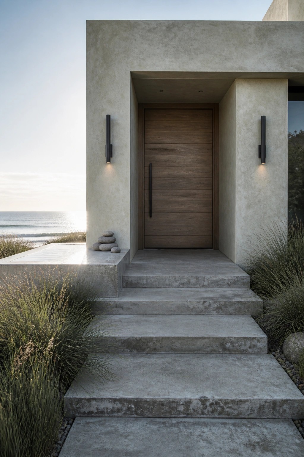 Modern concrete entry with wooden door, steps, wall lights, and ocean view.