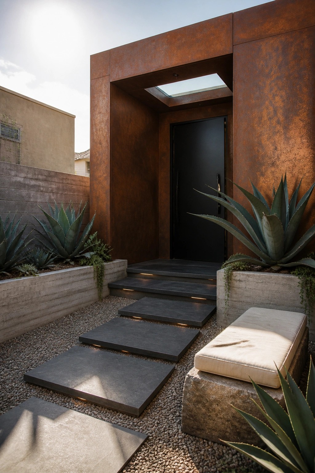 Modern home entry featuring a black door recessed in rusted metal panels, with concrete steps, gravel path of stepping stones, and large agave plants in concrete planters.