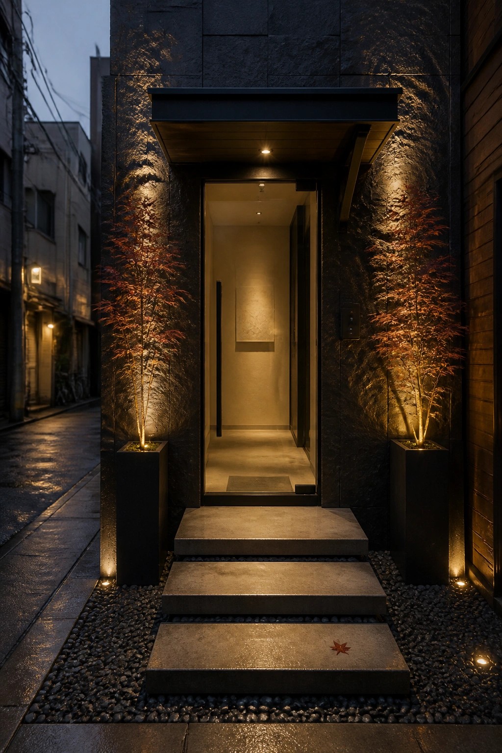 A modern dark stone entryway at dusk with three concrete steps, a glass door, and two tall potted trees lit from below on either side.
