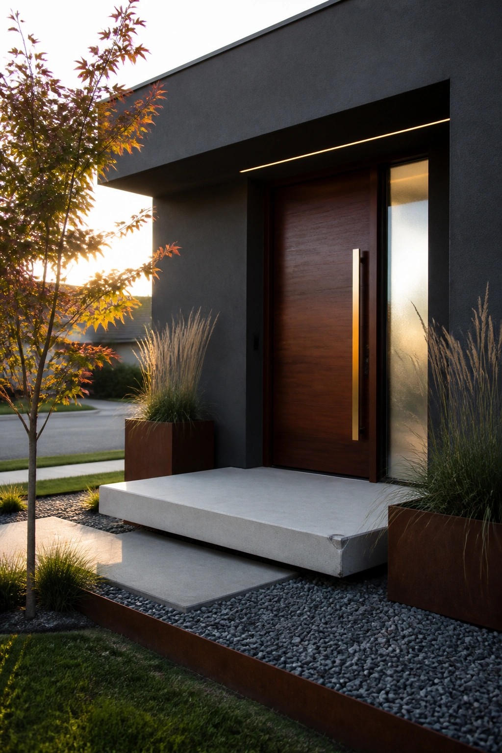 Modern house entrance showing a dark wood door with a tall vertical gold handle, a frosted sidelight, linear lighting above the door, concrete steps, and rust-colored planters with tall grasses.