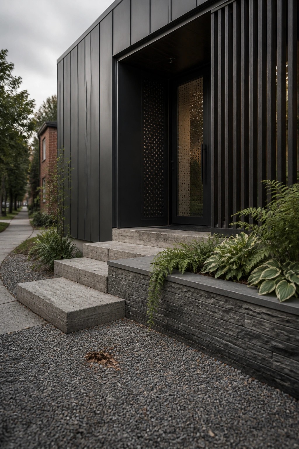 Modern black entry door with vertical dark slats on the right side, concrete steps, and a low stone planter with greenery.