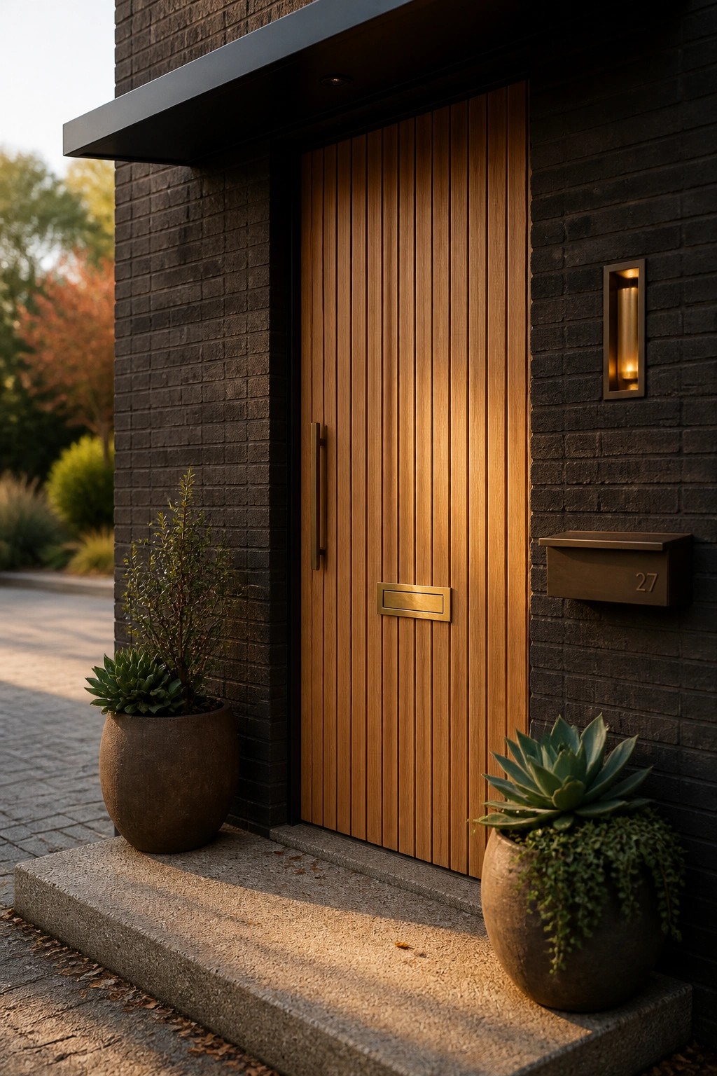 A tall vertical wood door set into a dark brick exterior wall, with two potted plants on the concrete steps and a wall-mounted light fixture to the right.