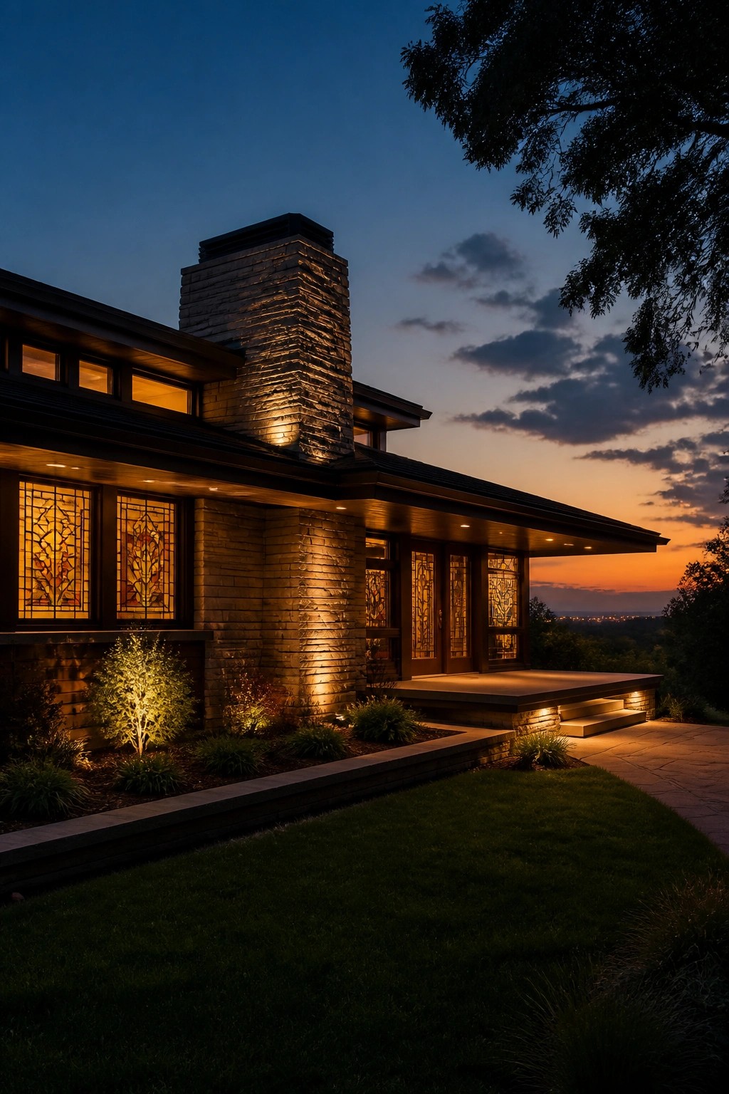 A modern home exterior at dusk with a tall stone chimney, glowing stained glass windows, and low landscape lighting on the walls.