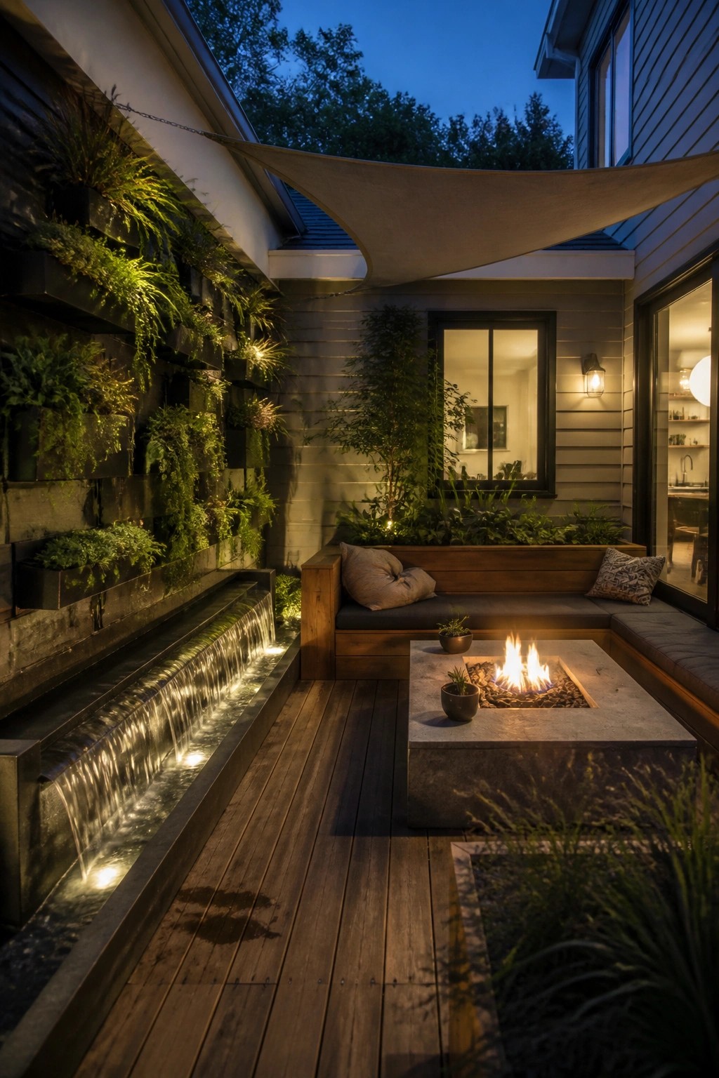 A wooden deck at dusk with an L-shaped built-in bench surrounding a square stone fire pit, a vertical garden wall with a water feature on the left, and a fabric shade sail overhead.