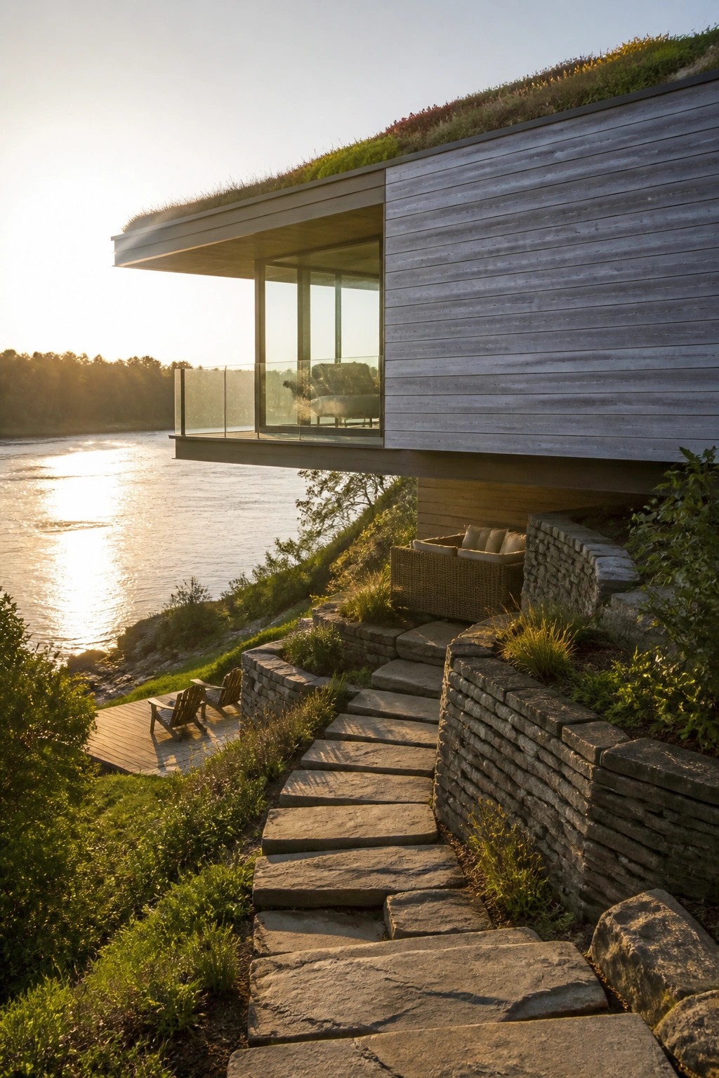 Modern hillside home with green roof, glass balcony, and stone steps overlooking a river at sunset.