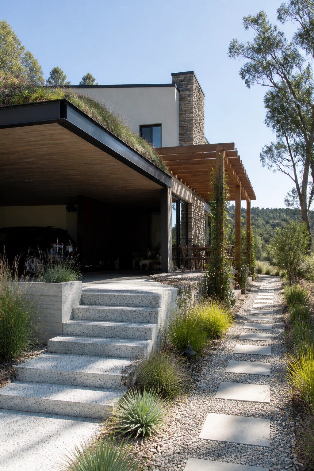 Modern house exterior with a cantilevered roof covered in grass, a stone chimney, wooden pergola, concrete steps, and a gravel path with stepping stones.