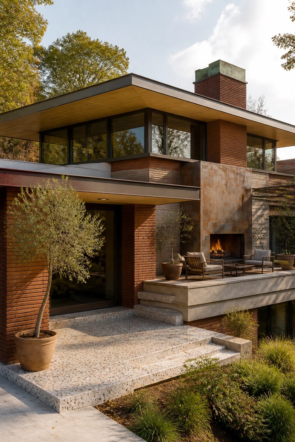 A modern brick and concrete house exterior with a raised patio, outdoor seating, and a built-in fireplace visible from the front steps.