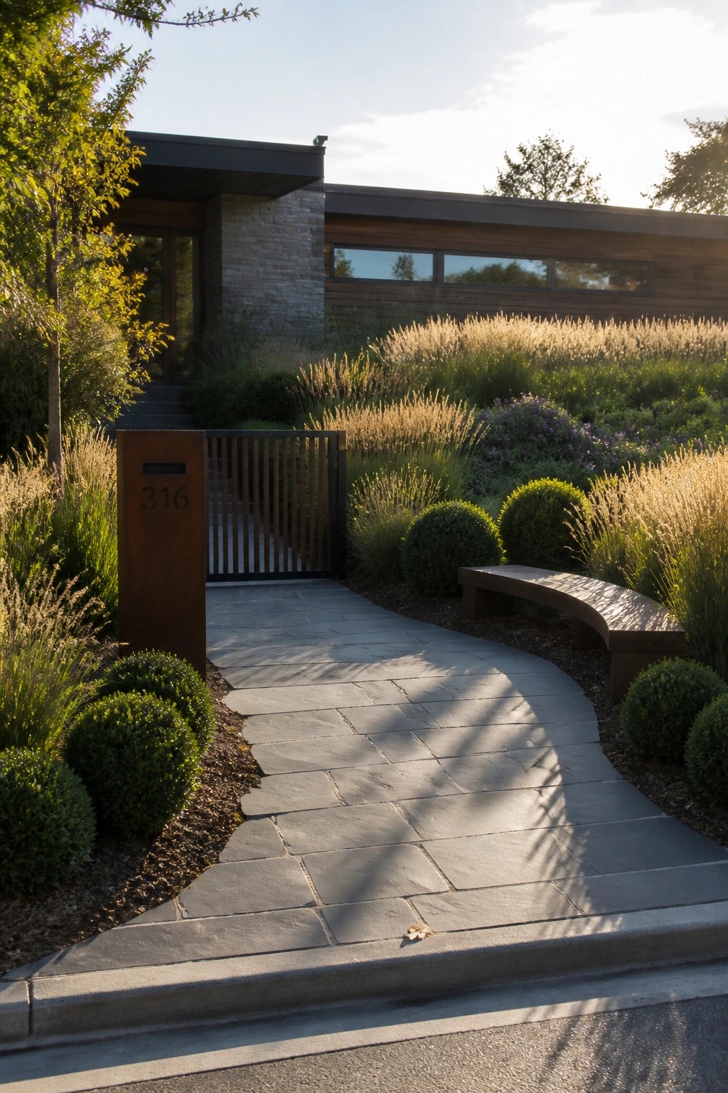 A curved stone pathway leads past rounded shrubs and tall grasses to a modern house with a wooden gate and rusted metal address post.