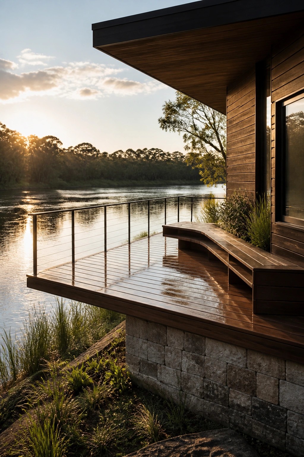 Modern wooden house with a cantilevered deck extending over a river, featuring a curved bench and metal railing at sunset.